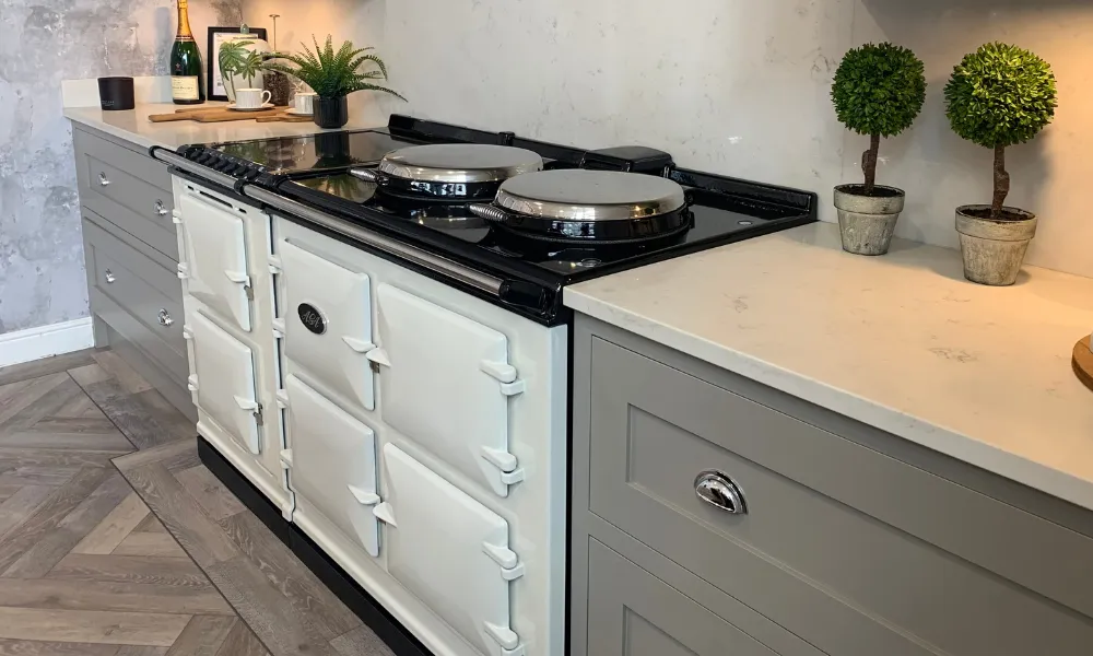 Picture of a white reconditioned Aga cooker installed in a kitchen for blog sustainable lifestyle